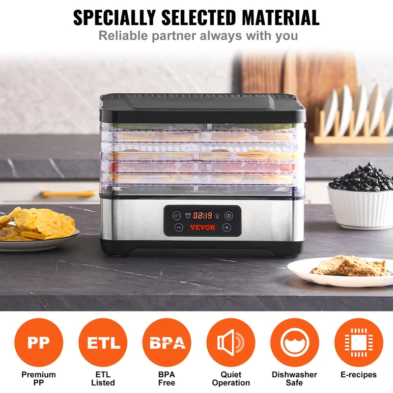 5-Tray Food Dehydrator Machine 300W Stainless Steel Digital Timer & Temperature