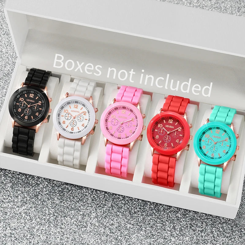 Women's Fashion Quartz Watches Set 5PCS Leather & Silicone Bands Multiple Colors