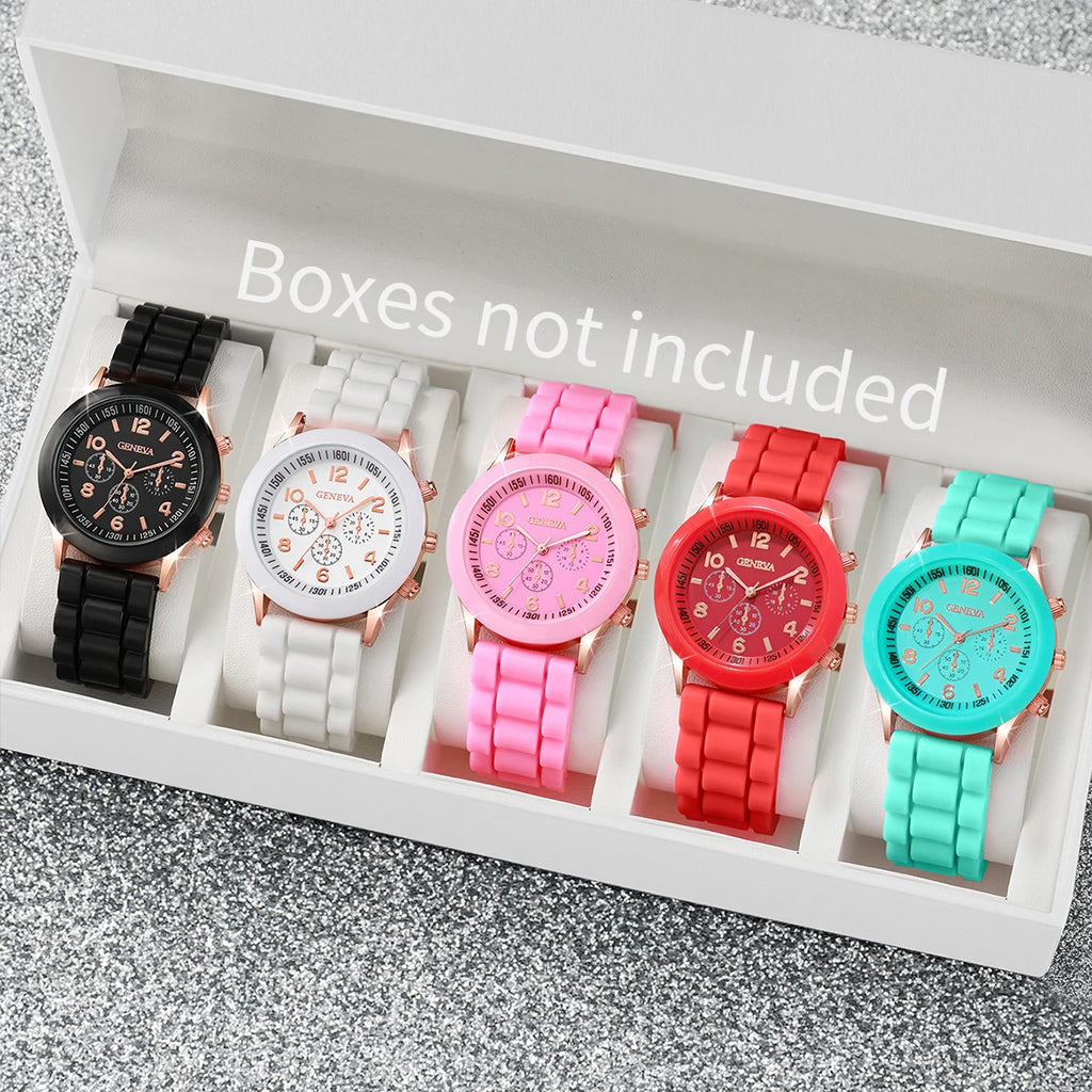 Women's Fashion Quartz Watches Set 5PCS Leather & Silicone Bands Multiple Colors