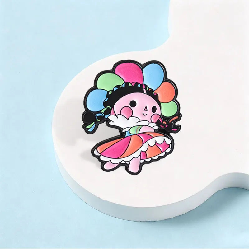 Mexican Lele Doll Brooch Enamel Pin with Floral Crown Rainbow Skirt Cute Jewelry