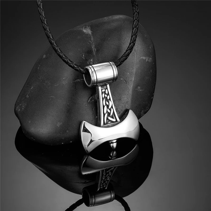 Vikings Axe Pendant Necklace Men Stainless Steel Norse Rune Amulet Jewelry