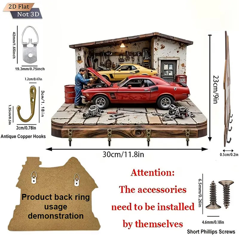 2D Flat Classic Muscle Car Garage Key Holder with 4 Hooks - Wooden Wall Mount Organizer