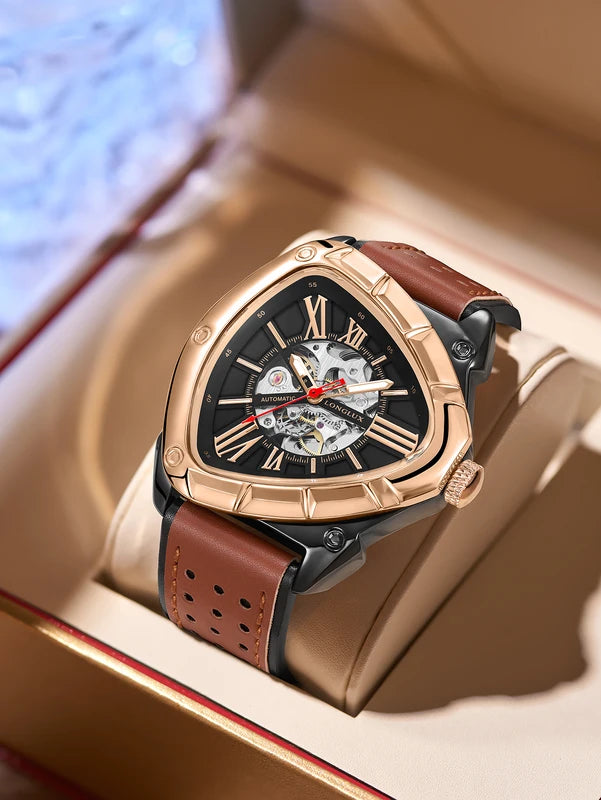 Men's Automatic Skeleton Watch with Leather Strap Waterproof and Luminous Dial