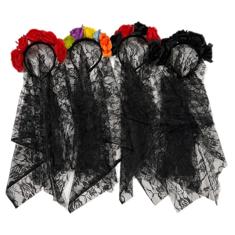 Halloween Rose Flower Crown Headband with Veil for Costumes & Parties