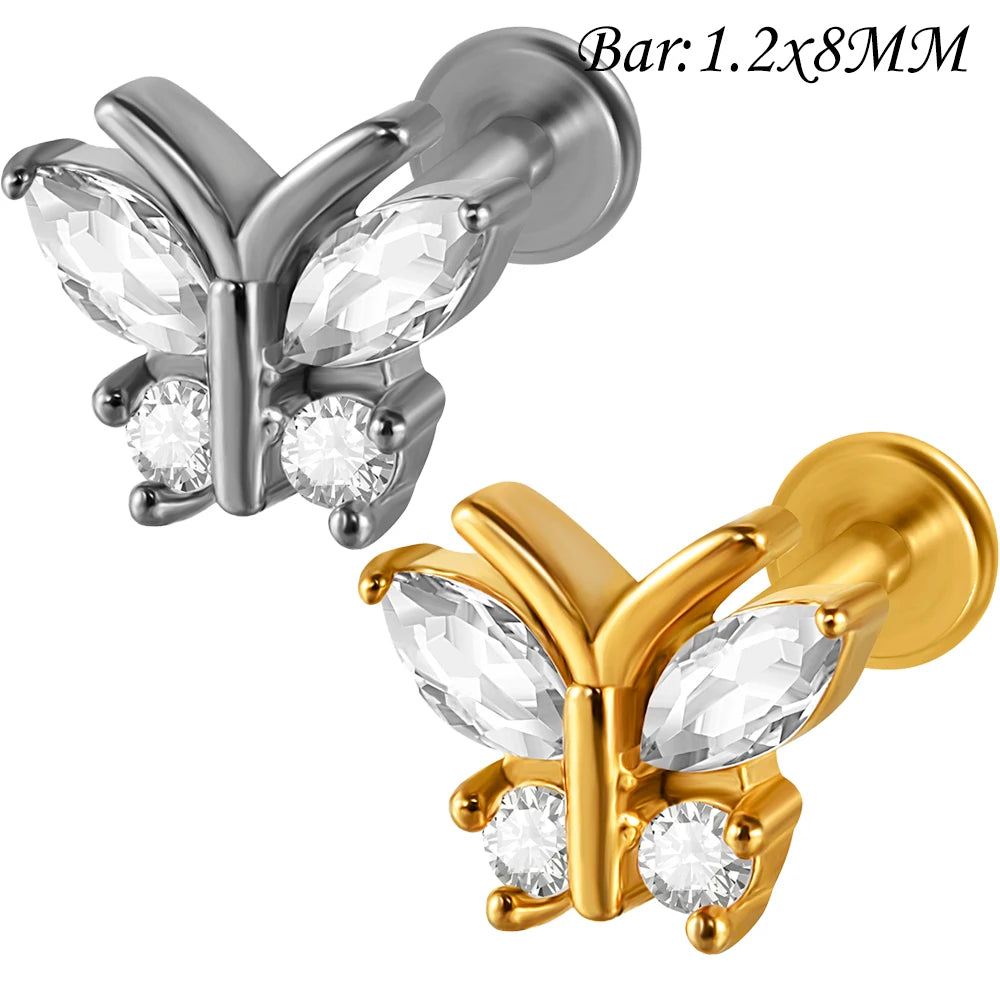 Piercing Labret Earring Flat Back Flower CZ Surgical Steel Tragus Helix Lobe Jewelry