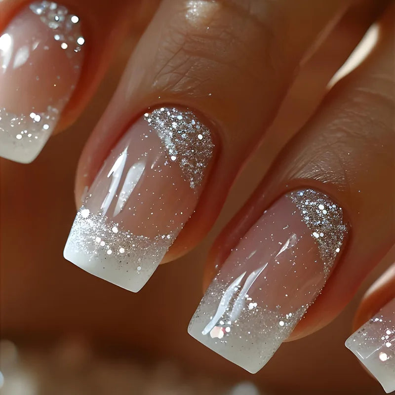 24 Pcs Short Glitter Fake Nails with Flowers and Starry Sky Design - Press On Art Tips, Multiple Colors