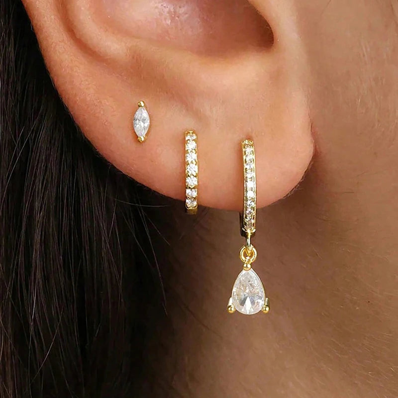 3PCS Stainless Steel Zircon Flower Earring Set for Women Hypoallergenic Jewelry