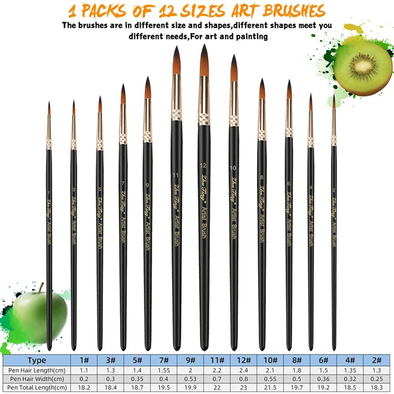 12-Piece Professional Paint Brush Set - Nylon Hair Acrylic Watercolor Oil