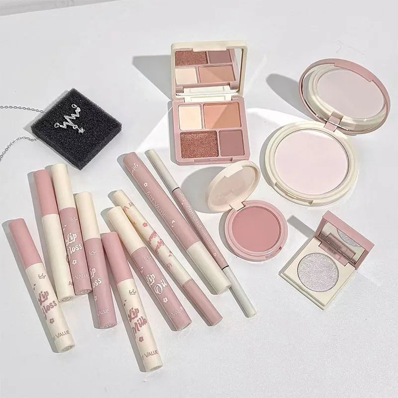 Lip & Eye Makeup Set with Lip Gloss Lip Oil Mascara Eyeliner Blush Highlighter