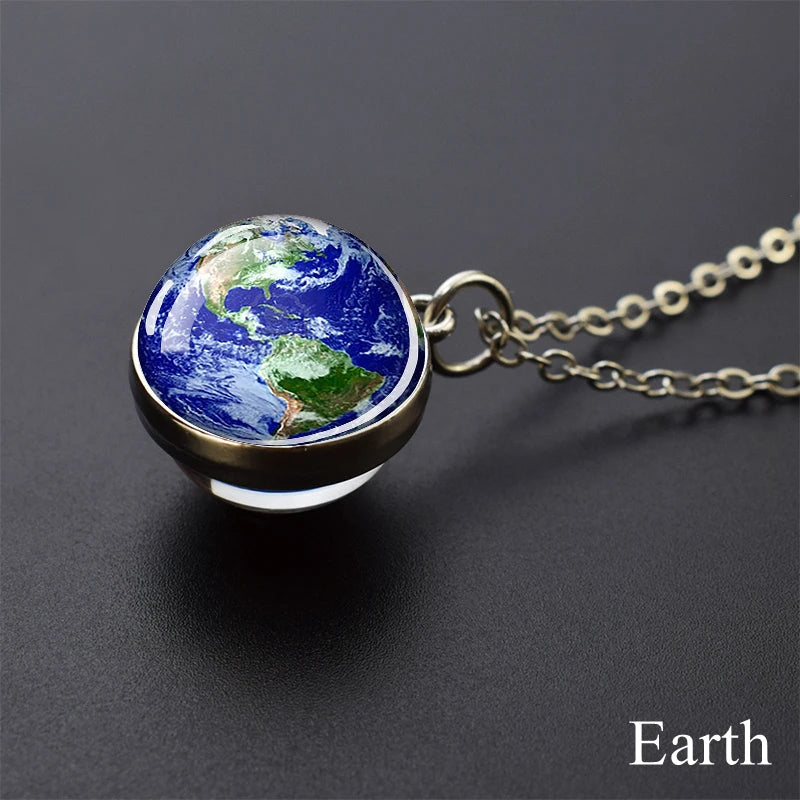 Solar System Planet Necklace with Moon Earth Jupiter Neptune Mars Venus Glass Ball Pendant Jewelry