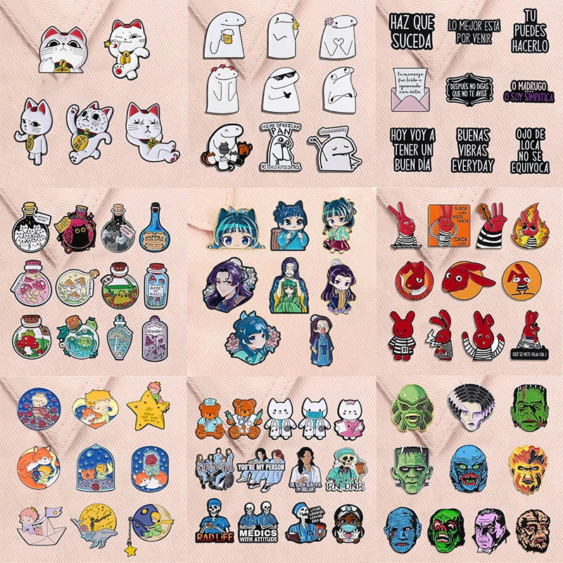 Anime Character Enamel Pins Set - Fantasy Pink Dog Cat Brooches Jewelry Gift