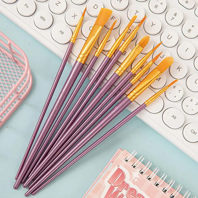 10Pcs Art Paint Brush Set for Acrylic Watercolor Oil & Crafts - Multi-Size Artist Tools
