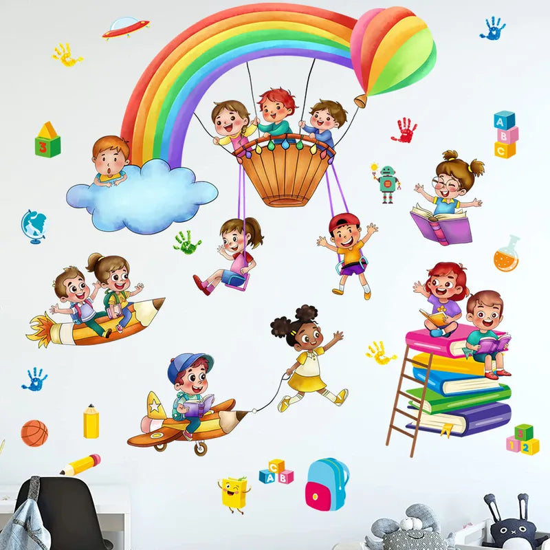 Rainbow Hot Air Balloon Wall Stickers for Baby & Kids Rooms - Amusement Park Theme