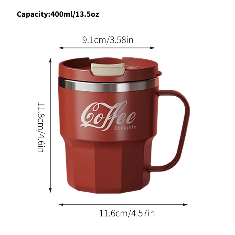 400ml Double Wall Stainless Steel Coffee Mug with Lid & Handle - Reusable Water Cup