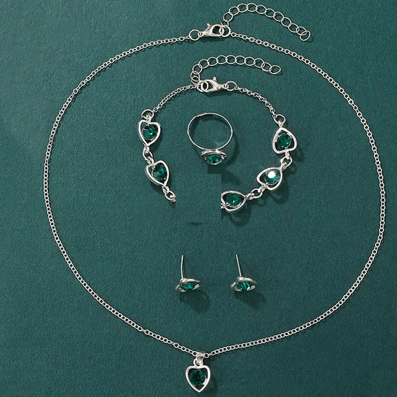 Women Jewelry Set Heart Rhinestone Ring Necklace Earrings Luxury Dress Quartz Watch