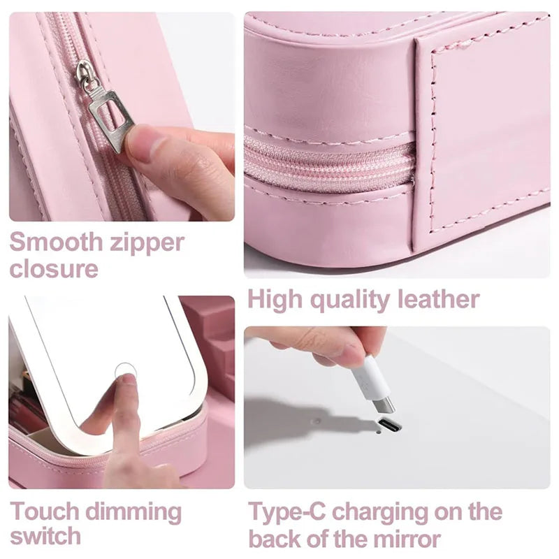 Travel Makeup Brush & Jewelry Storage Bag with LED Lighted Mirror