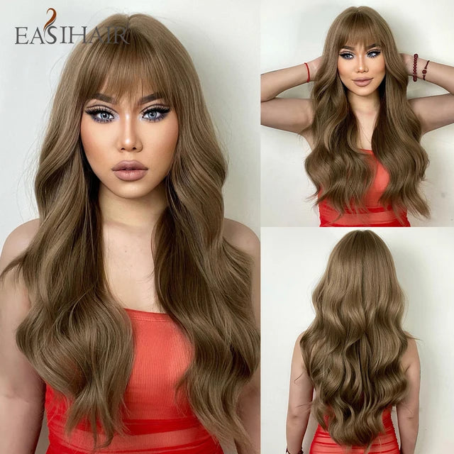 Long Blonde Ombre Wavy Synthetic Wig with Bangs for Women - Heat Resistant Cosplay & Daily Wear