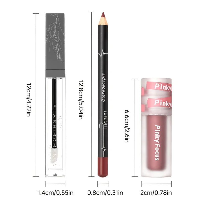 3-Piece Lip Makeup Set - Gloss, Lip Oil & Lip Liner - Nourishing, High Shine