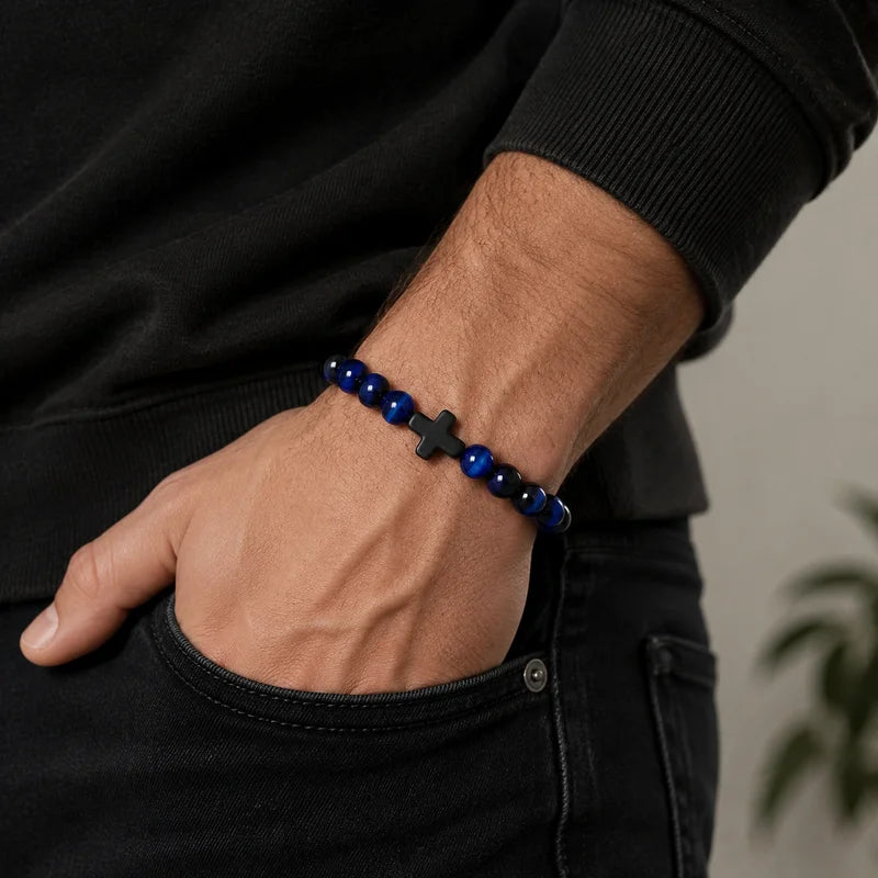Unisex Natural Stone Beaded Prayer & Meditation Bracelet with Cross