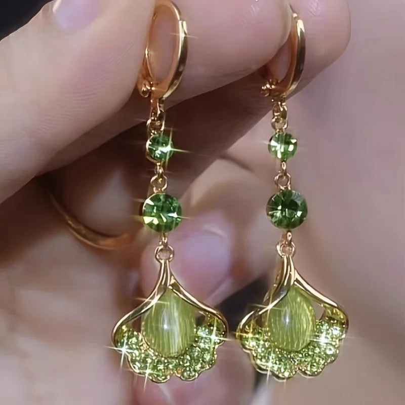 Green Rhinestone Opal Tassel Earrings for Women Fashion Daily Party Jewelry Gift