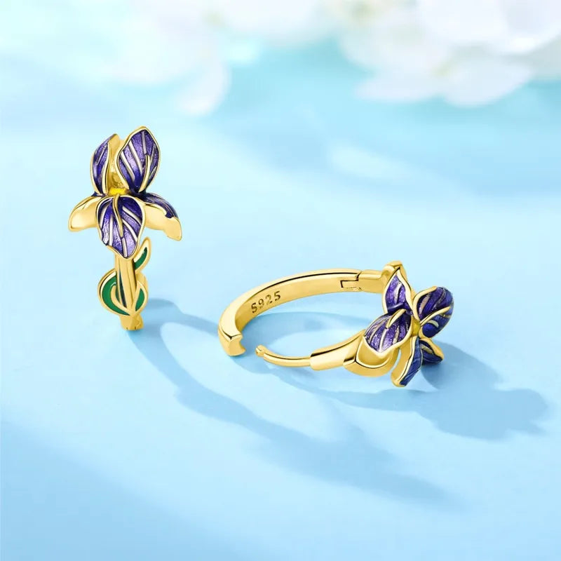 Sterling Silver Iris Flower Earrings for Women – Versatile Hoop Jewelry Gift