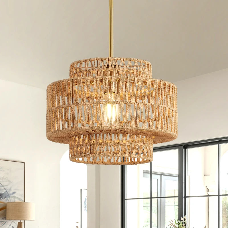 13 Inch Boho Rattan Pendant Light Chandelier for Living Room and Kitchen