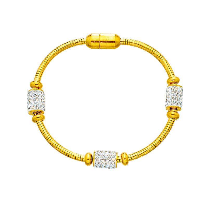 Gold Color Zirconia Beaded Bracelet for Women - Stainless Steel Snake Chain Jewelry