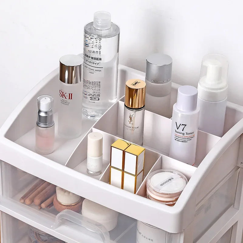 Multi-Compartment Makeup & Jewelry Organizer Box with Drawers - Plastic Storage Case