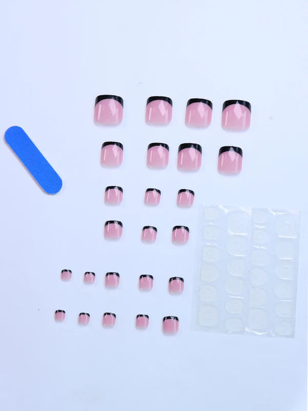 48pcs French Black Border Hand & Foot Fake Toenails Glossy Fully Covered Nude Spring Break Set
