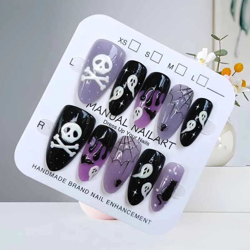 10Pcs French Style Cute 3D Short Almond False Nails with Cat Eye Design