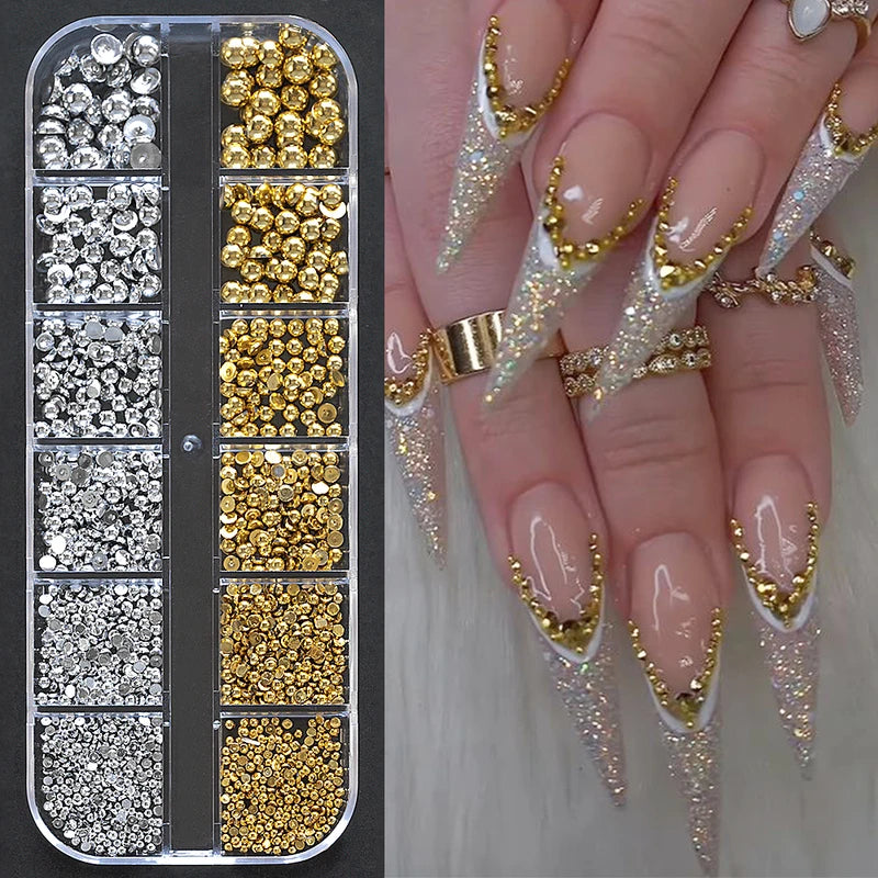 Half Round Flatback Nail Rhinestones & Pearls - Multi-Size Gold & Silver Embellishments
