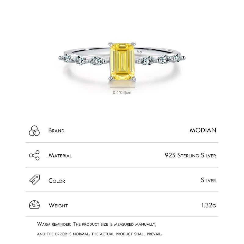 Sterling Silver Emerald Cut Pink Yellow Zirconia Ring for Women Wedding Jewelry