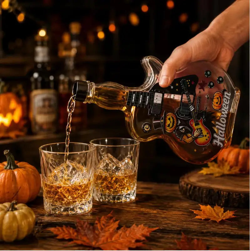 Halloween Guitar Shaped Whiskey Decanter with Pumpkin Print - Lead-Free Crystal Liquor Bottle, Home Bar Decor