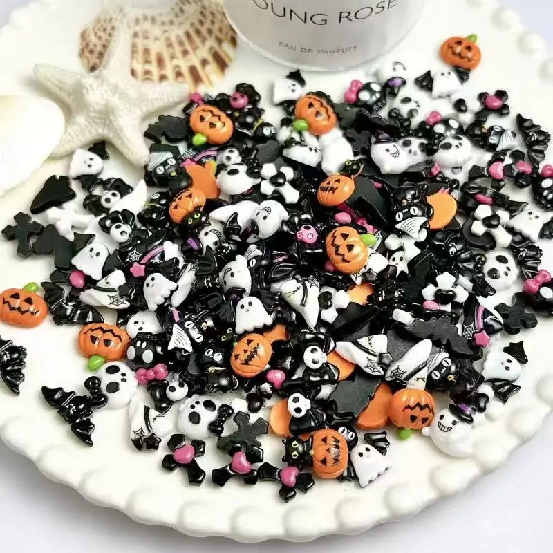 Halloween 3D Resin Nail Charms Set - Pumpkin Ghost Skull Bat Cat Decorations for Manicure