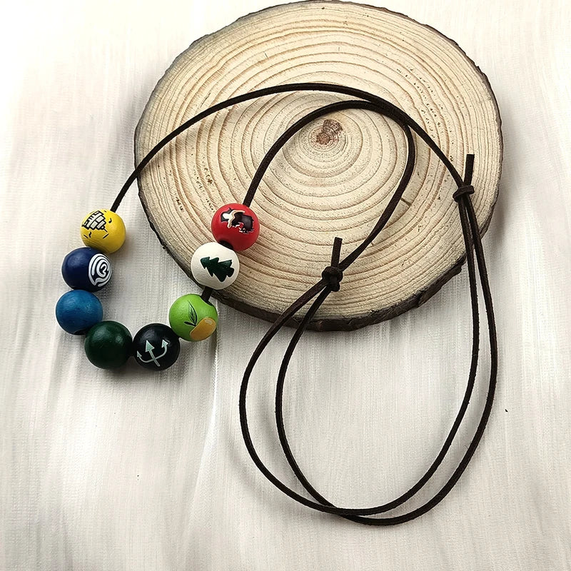 Percy Jackson Wooden Bead Necklace with Hand Painted Symbols Cosplay Jewelry for Fans