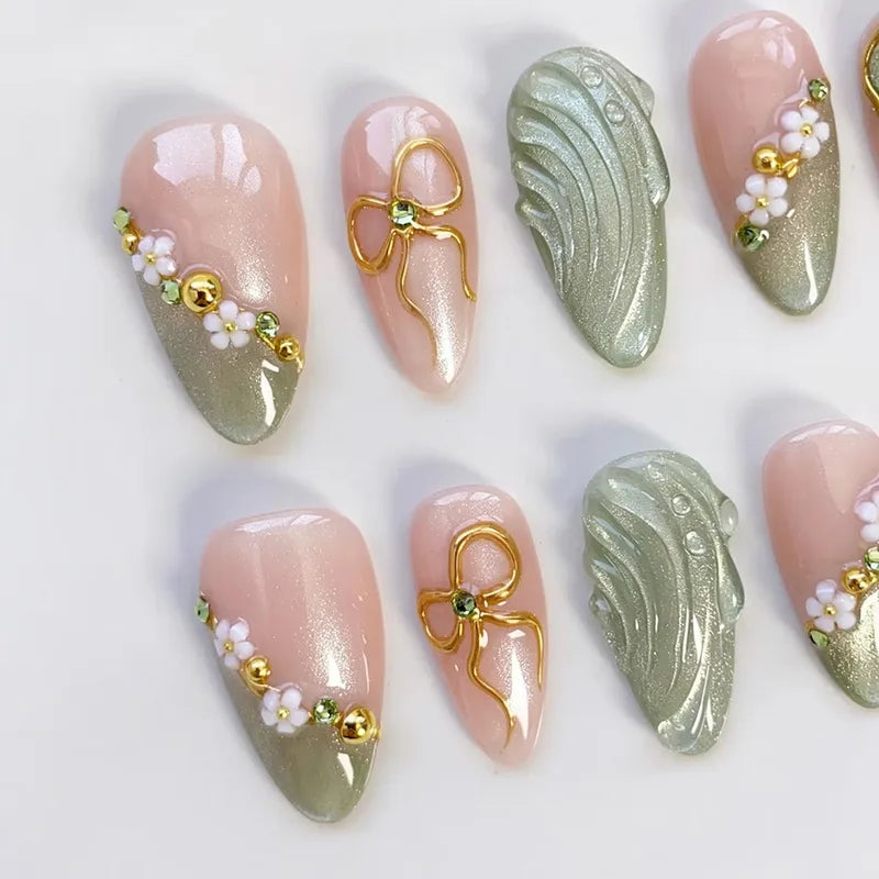 Press On Nail Set with 3D Gold Bow & Mini Flowers - Medium Almond, Full Cover
