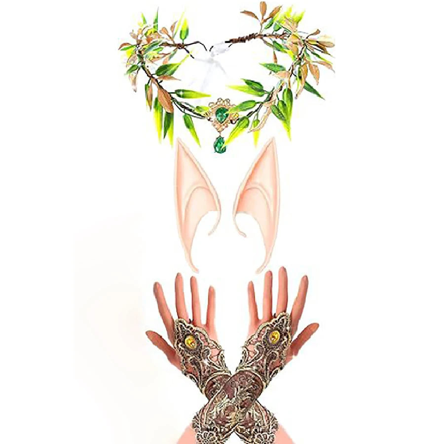 Halloween Fairy Queen Costume Set with Leaf Wreath and Elf Ears - Cosplay Party Accessory