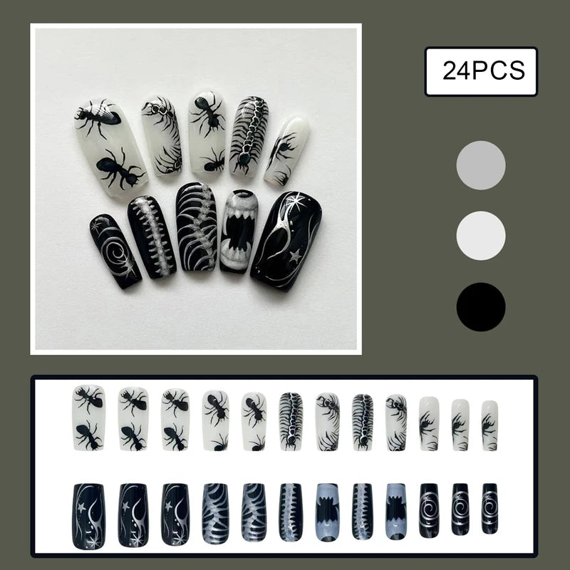 24-Piece Halloween Thriller Style False Nails with Ant Bugs Pattern - Press-On Nail Art Kit