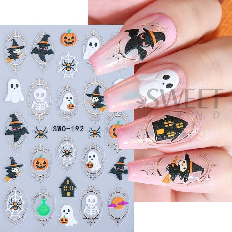 Halloween Nail Stickers Cartoon Ghost Pumpkin Skeleton Bat Decals DIY Manicure Decorations