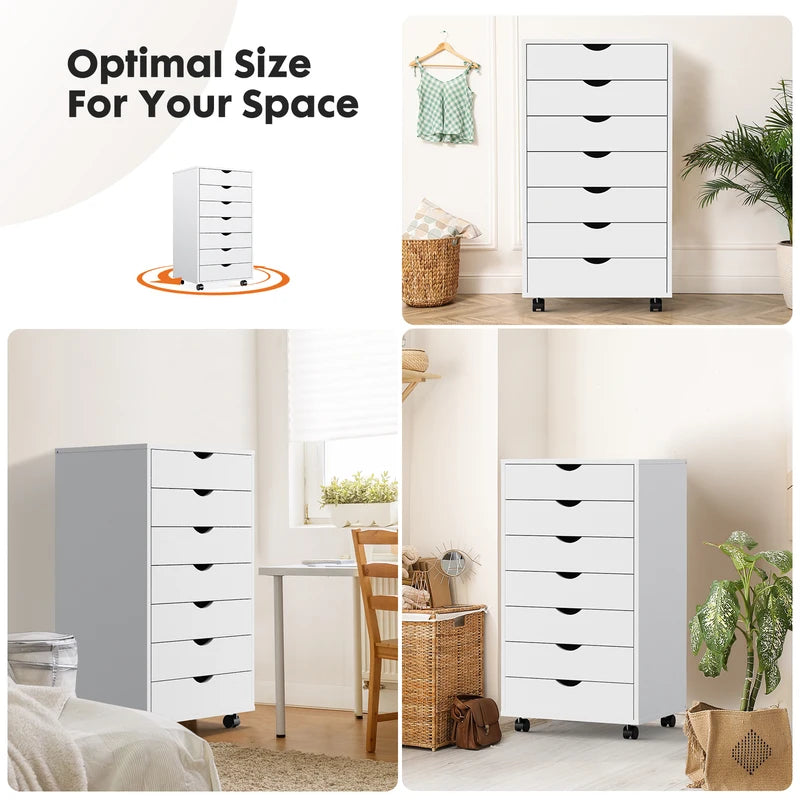 7 Drawer Wooden Storage Cabinet with Wheels - Modern Office & Living Room Organizer
