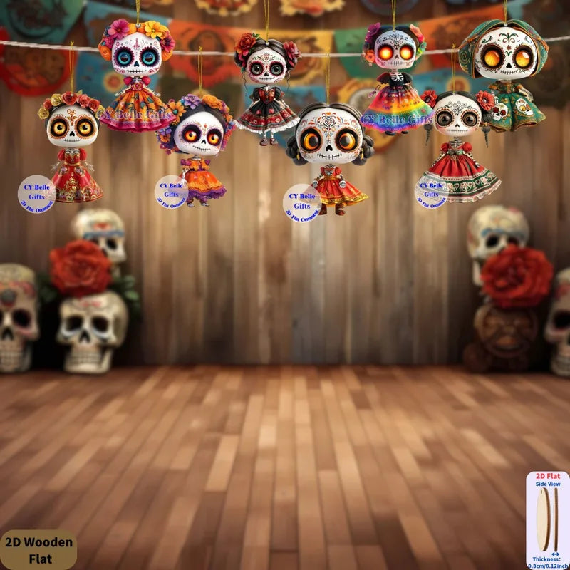 10Pcs Mini 2D Wooden Mexican Candy Doll Hanging Decorations for Halloween Day of The Dead Party Home DIY