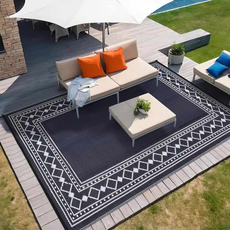 Waterproof Plastic Straw Outdoor Rug - Washable Geometric Living Room & Patio Carpet