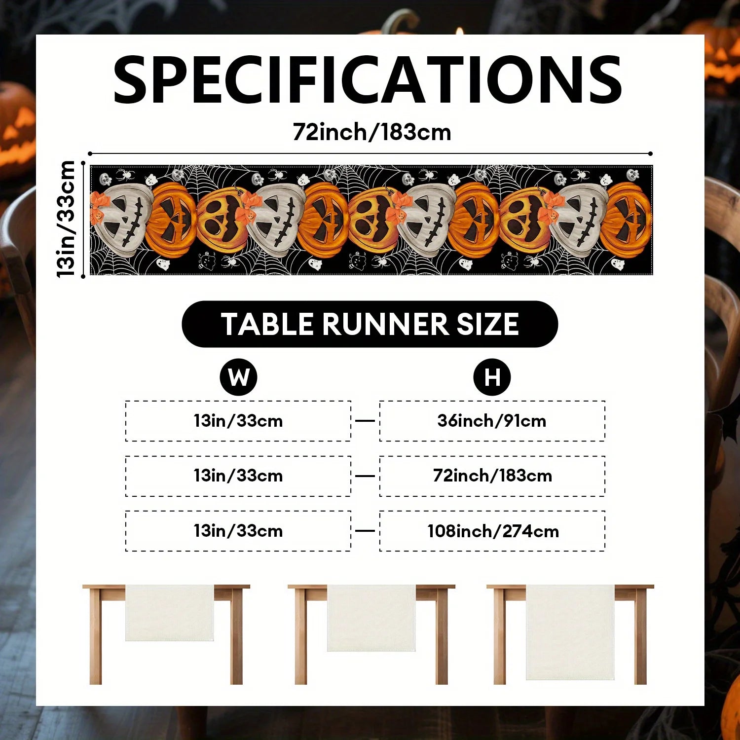 Bohemian Halloween Table Runner Decoration with Pumpkin Bat Skull Elements for Party Festive Decor