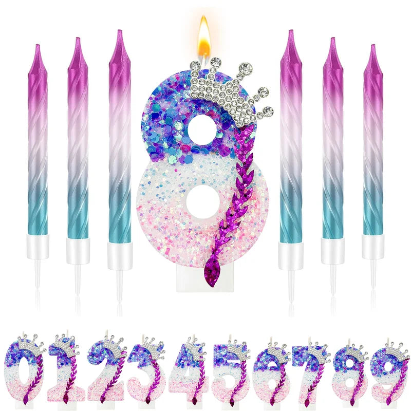 Number 0-9 Birthday Candle Set Pink Purple Gradient Sparkly Cake Topper