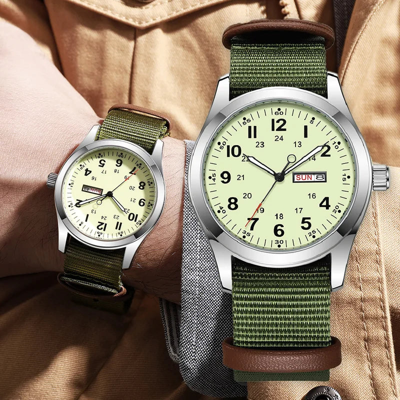42mm Field Watch with Luminous Dial, Day Date, Water-Resistant Canvas Strap