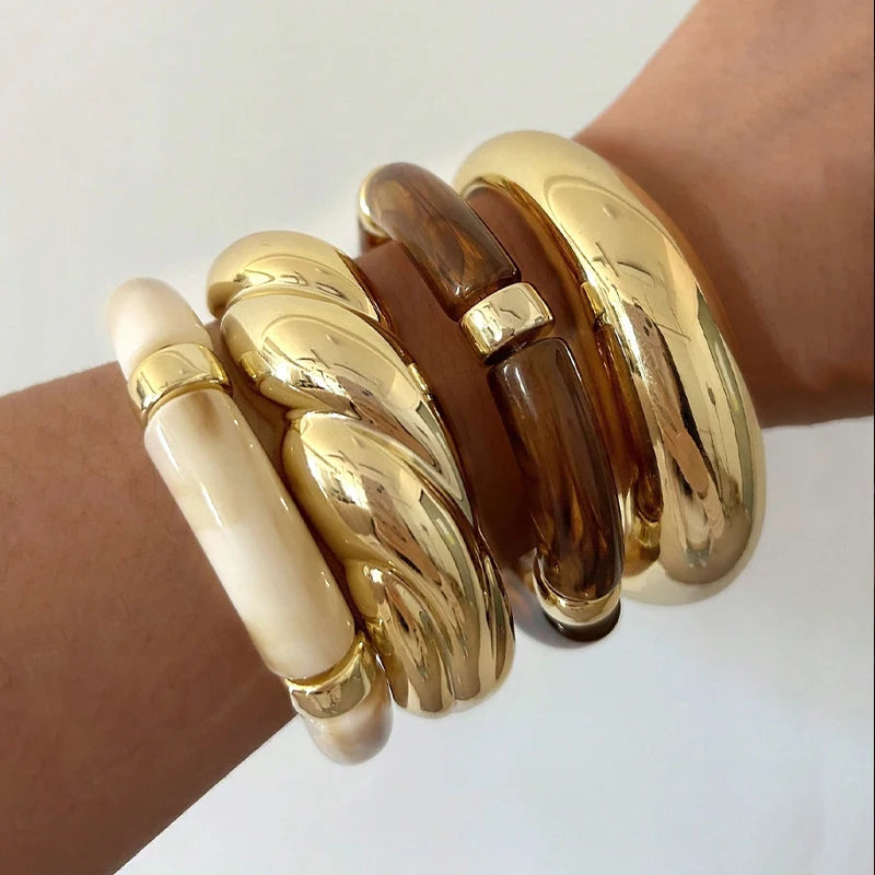 Set of 4 Geometric Wide Metal Bangles for Women - Minimalist Chunky Cuff Jewelry