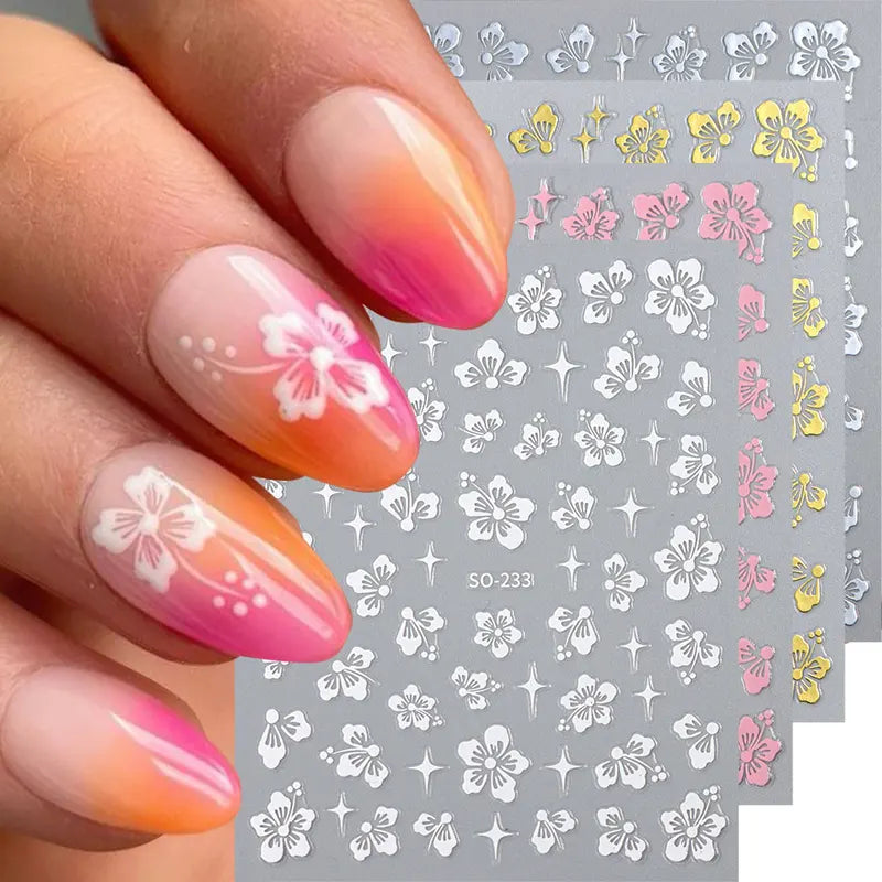 4pcs 3D Hibiscus Flower Nail Art Stickers Tropical Floral Decals for Manicure