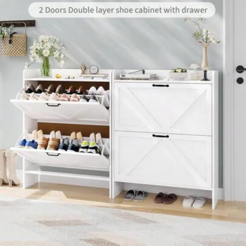 Slim 2-Tier Shoe Cabinet Organizer with Flip Drawers for Entryway and Closet