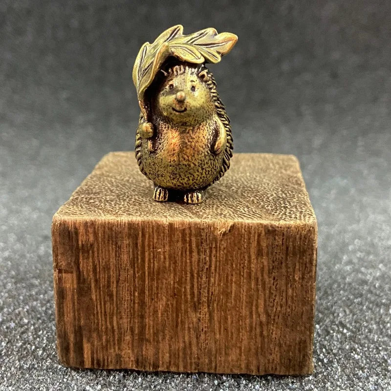 Brass Hedgehog Figurine Set - Collectible Animal Statue with Leaves & Flowers