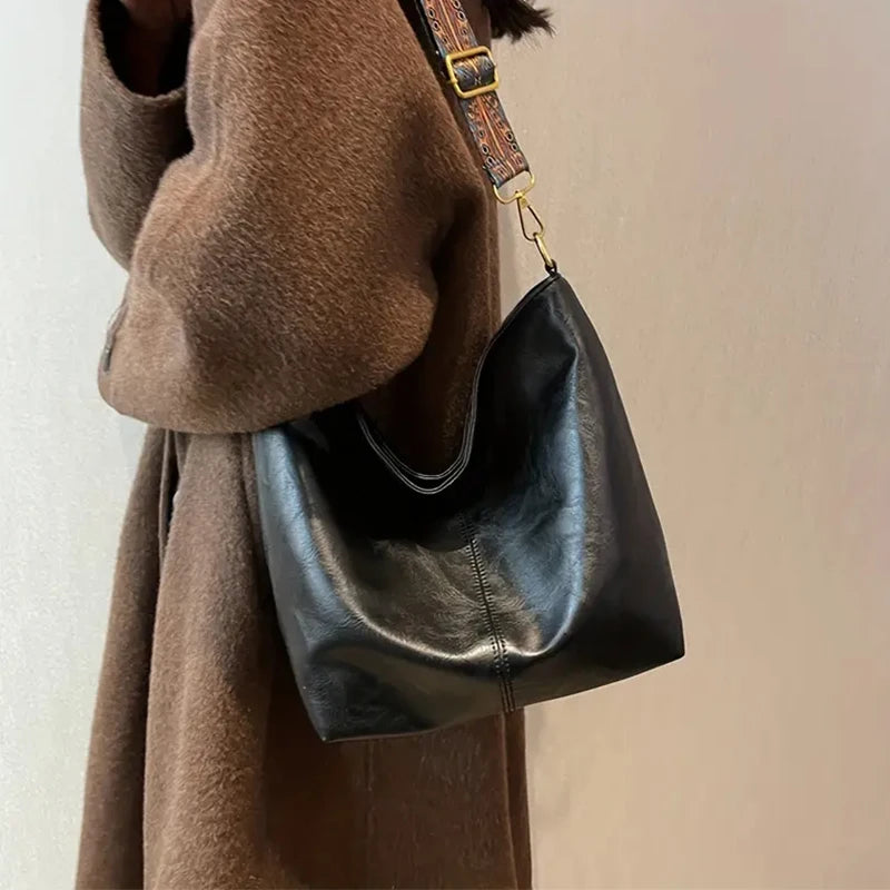 Women's Solid Color Tote Bag with Zipper Shoulder Strap - Casual Versatile Daily Carryall